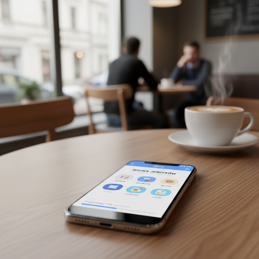 Aplikacja edukacyjna na smartfonie - korepetytor AI jako wsparcie, minimalistyczny ekran, polski interfejs, kawiarnia w tle