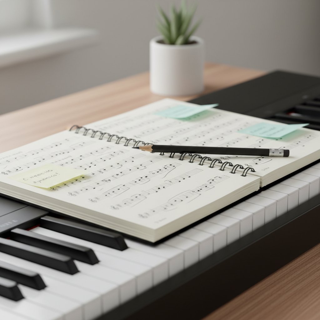 Dziennik ćwiczeń fortepianowych obok cyfrowego pianina w nowoczesnym wnętrzu