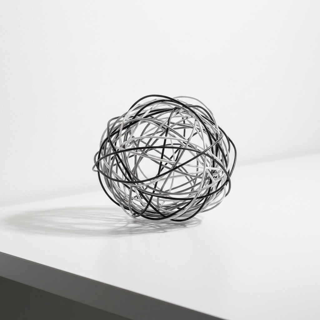 Splątany kłębek przewodów jako metafora zagubienia umysłu.