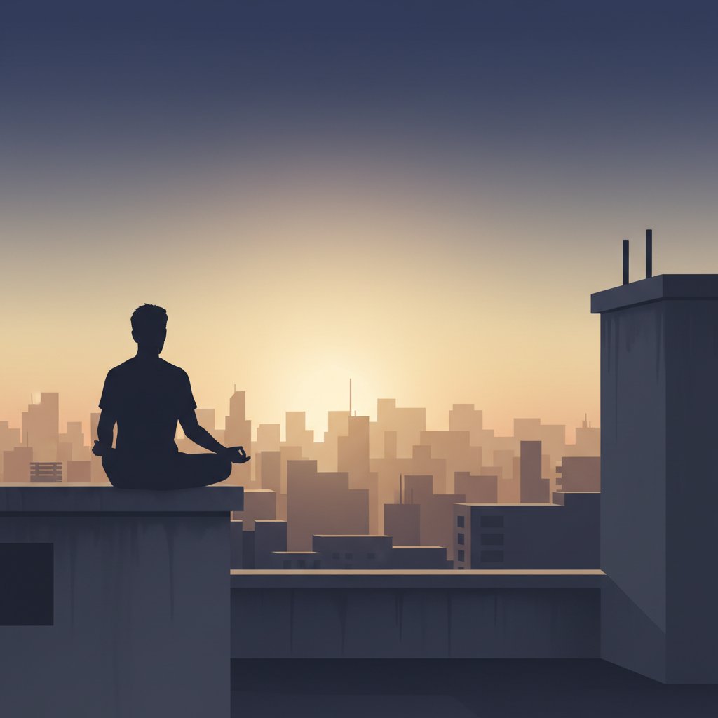 Osoba medytująca na dachu, oddech od presji.