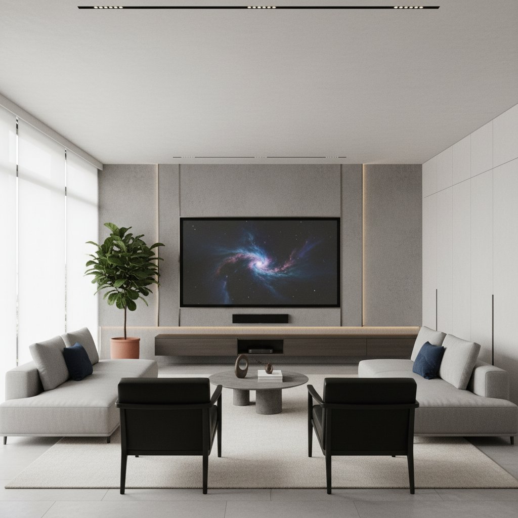 Minimalist 4K home theater, modern living room with 4K TV and soundbar