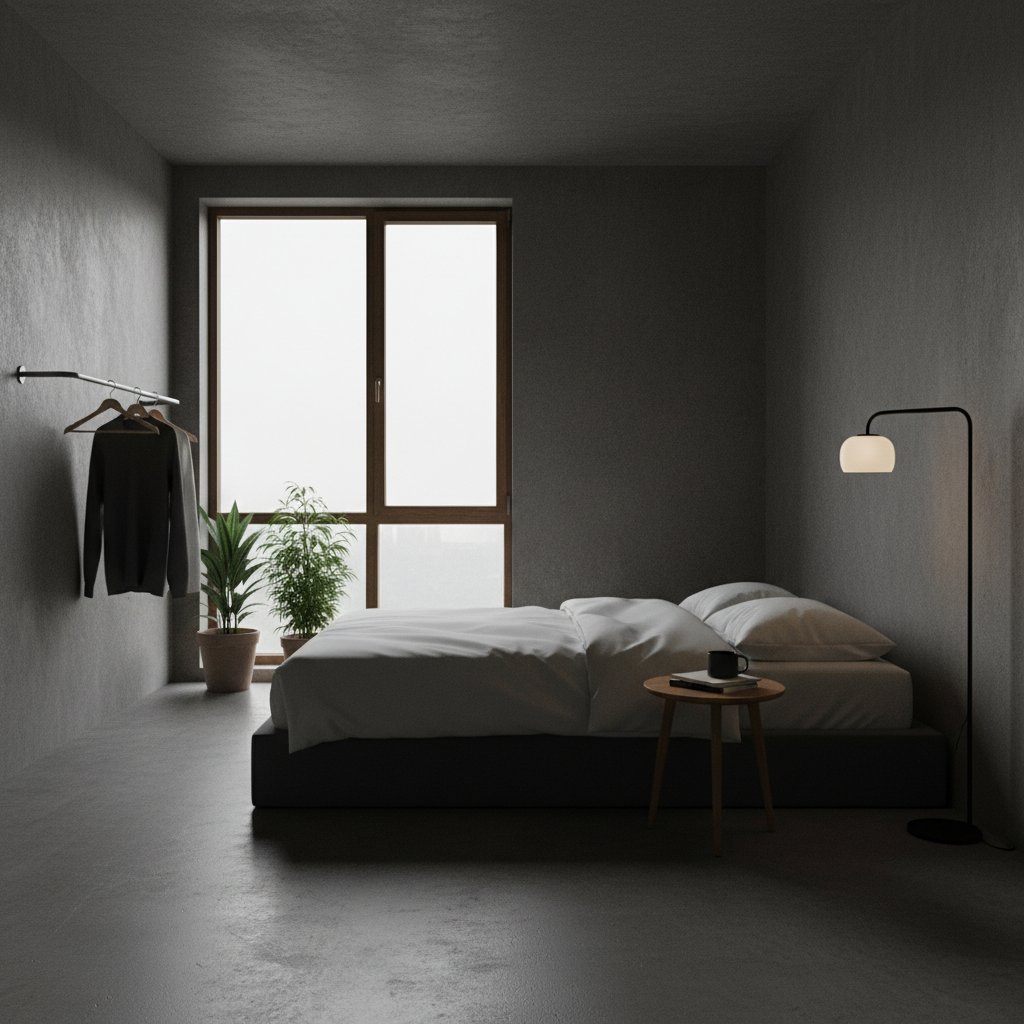 Minimalist apartment with essentials only, moody lighting—visual metaphor for radical saving money helper strategies.