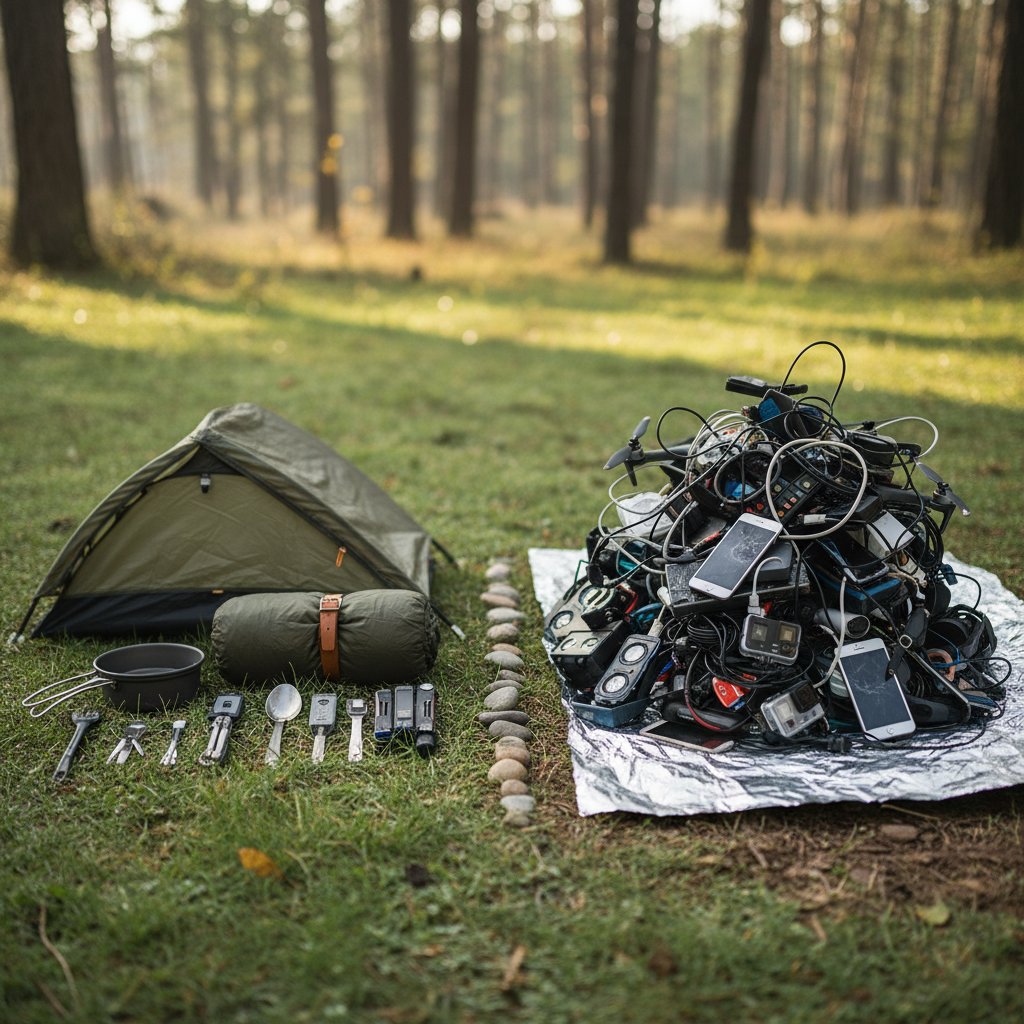 Minimalistyczny i przeładowany sprzęt campingowy obok siebie na trawie