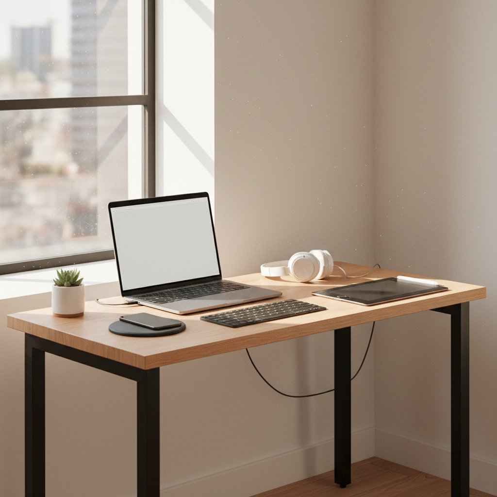 Minimalistyczne biurko z podstawowymi narzędziami cyfrowymi i promieniami słońca, cyfrowy minimalizm