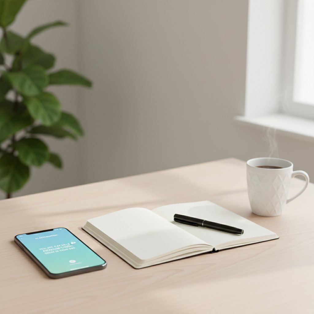 Minimalistyczne biurko z notesem, smartfonem z aplikacją afirmacji AI i kubkiem kawy