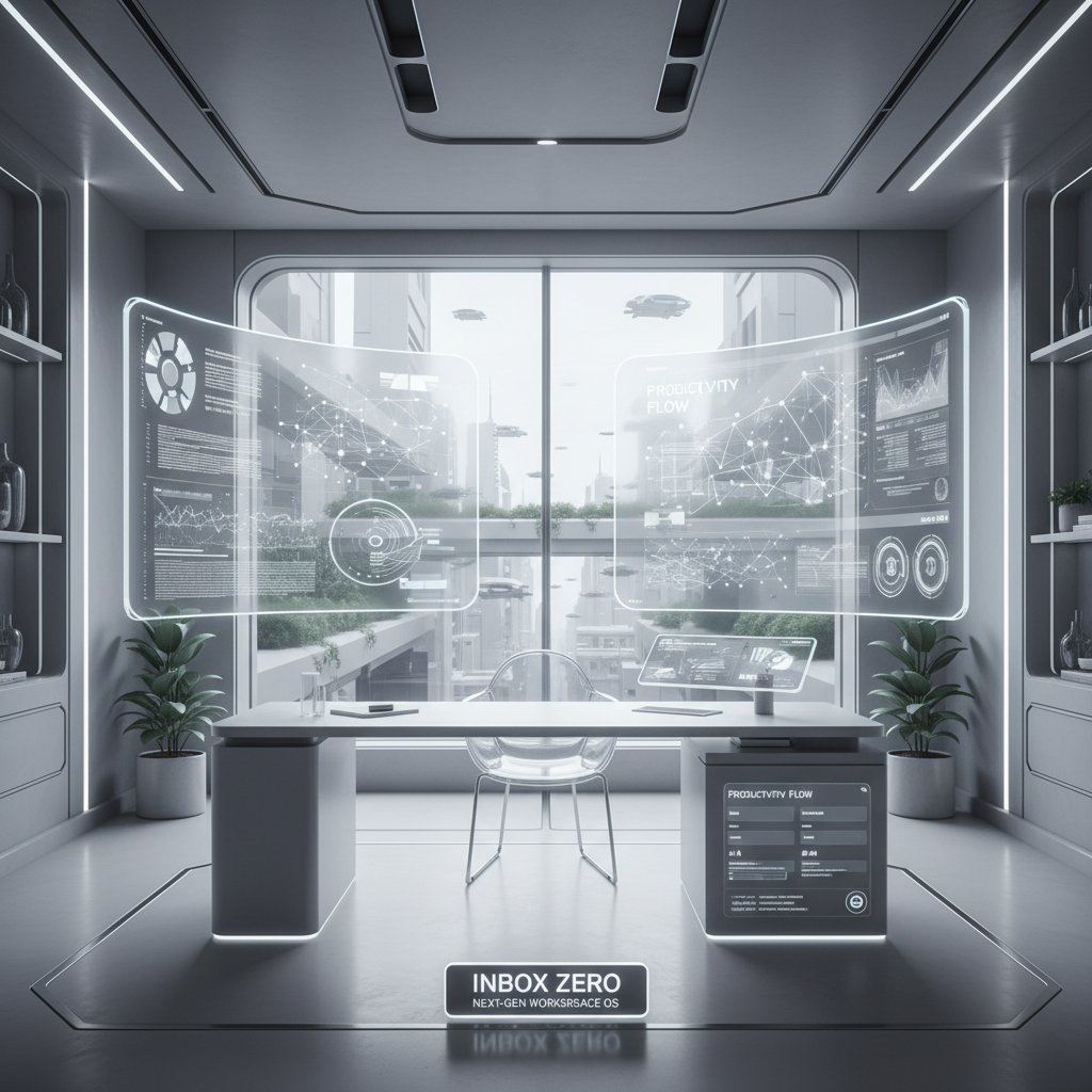 Minimalist, futuristic office with an empty inbox on display, representing the possible end of traditional email and emergence of next-gen email productivity software alternatives