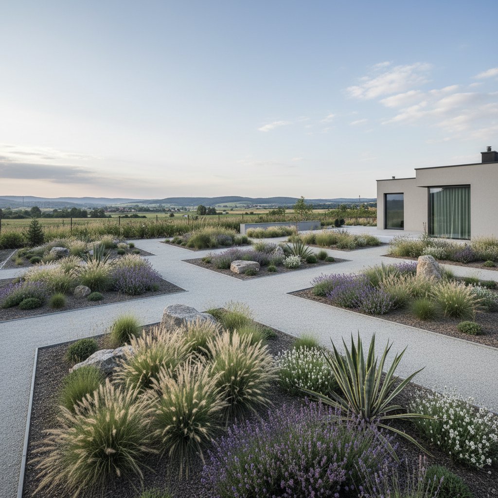 Nowoczesny ogród w Polsce: proste rabaty, żwirowe ścieżki, byliny odporne na suszę