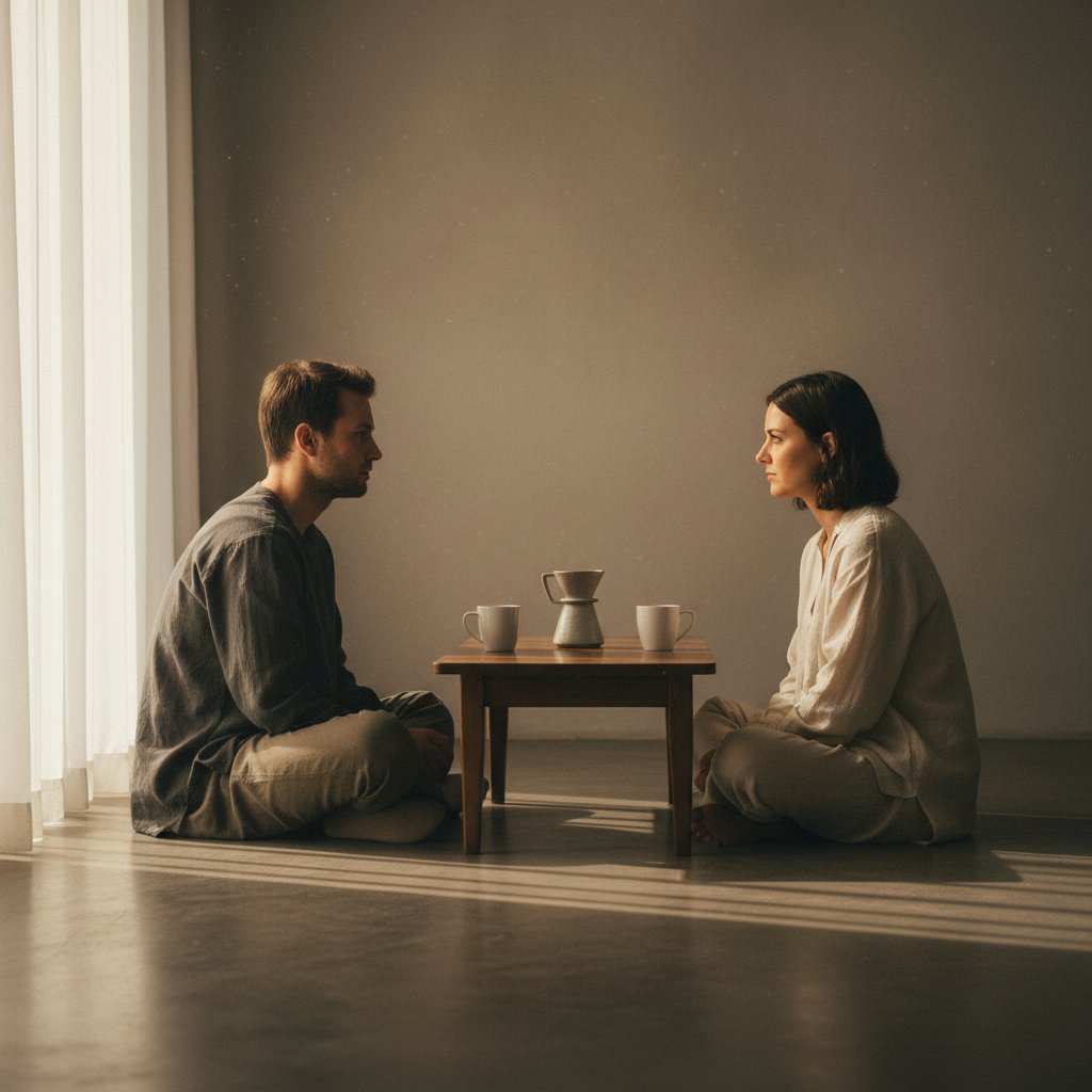 Dwie osoby prowadzące szczerą rozmowę w minimalistycznym wnętrzu