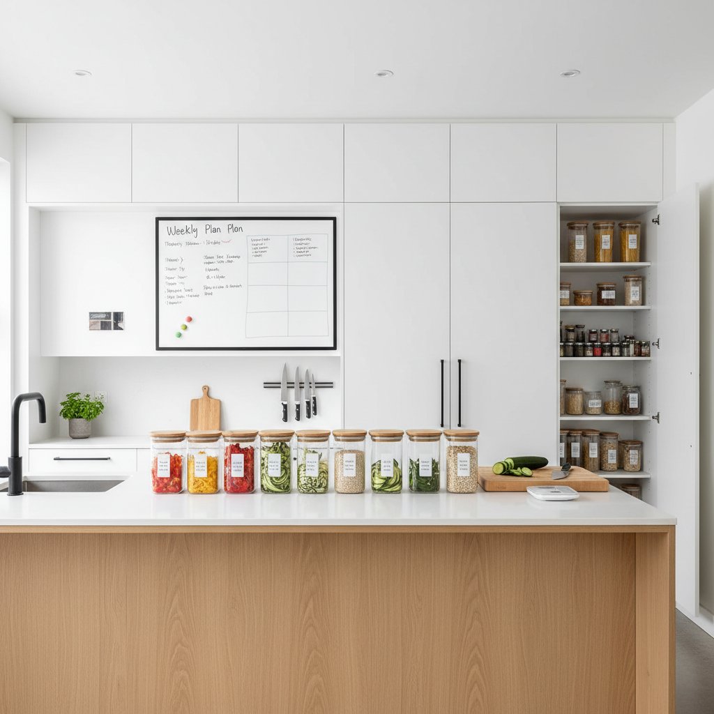 Minimalistyczna kuchnia z uporządkowanymi pojemnikami i tygodniowym planem posiłków na tablicy