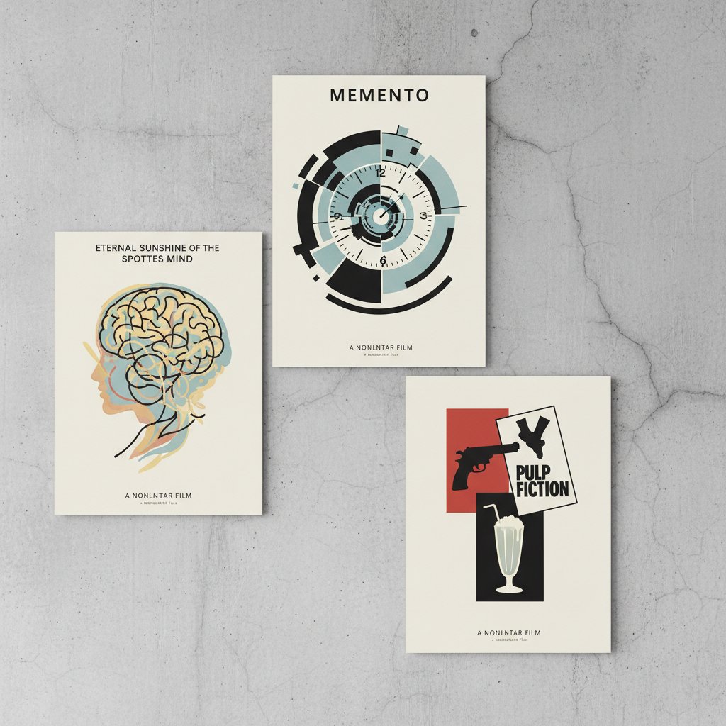 Collage of minimalist movie posters representing nonlinear films, arranged with narrative complexity