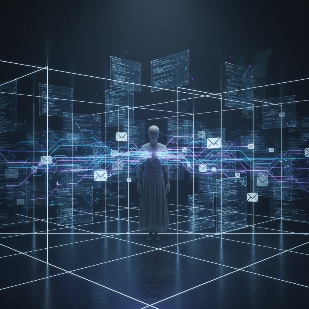 Person overwhelmed by automated email task notifications, lost in a maze of digital reminders