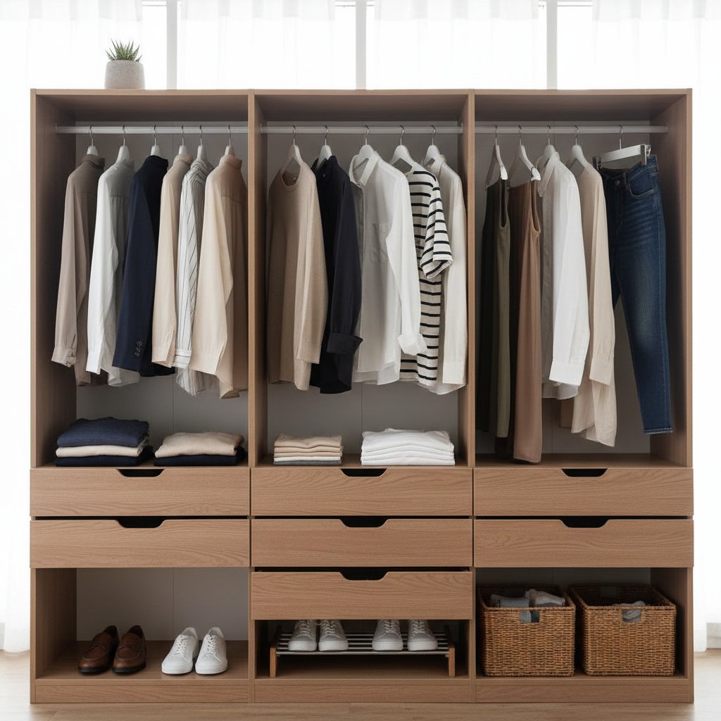 Minimalistyczna szafa z kapsułową garderobą, neutralne kolory, porządek, funkcjonalność