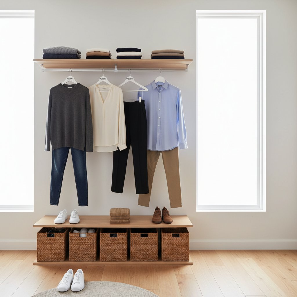 Zorganizowana szafa kapsułowa, minimalistyczna garderoba z przygotowanymi stylizacjami