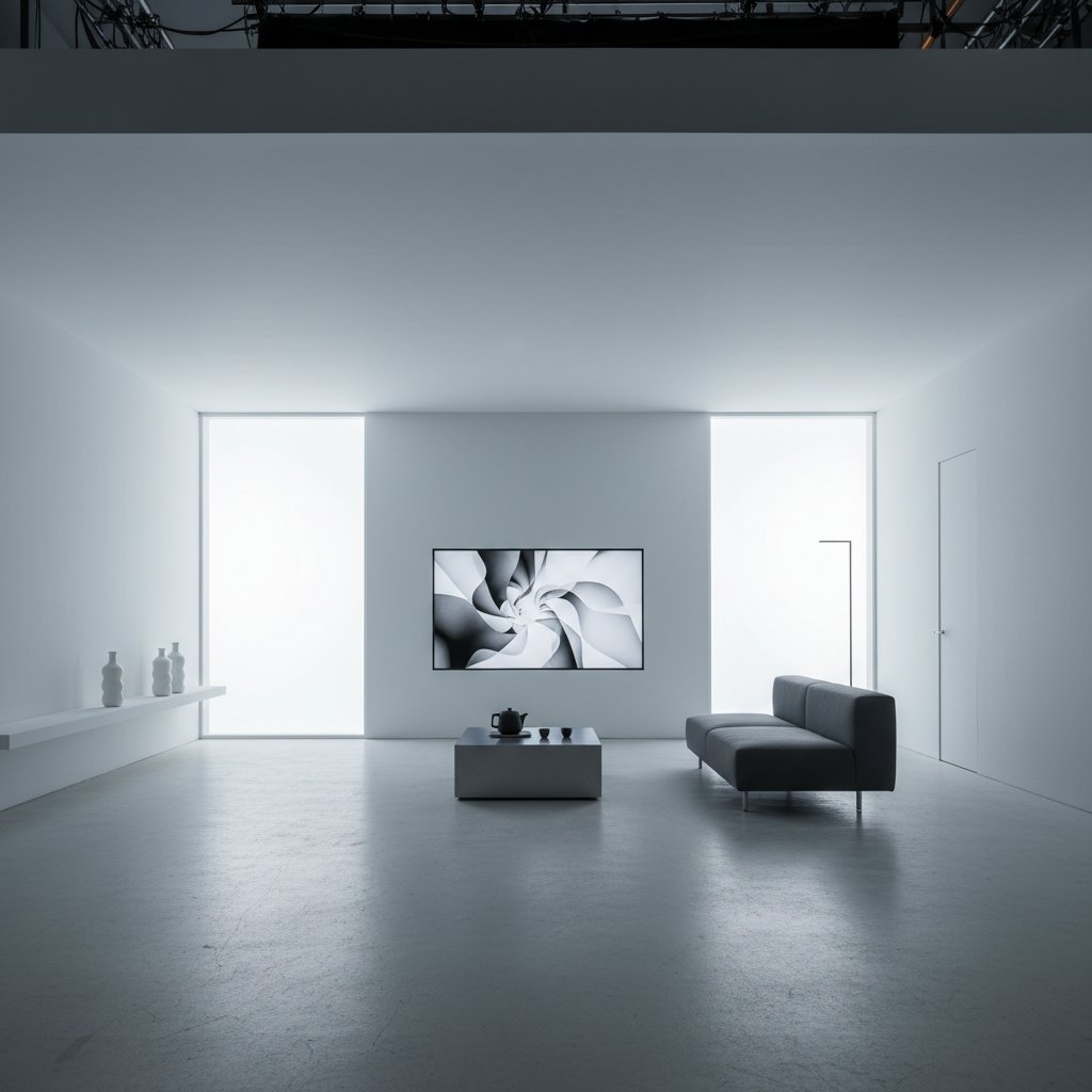 Modern film set rejecting the Meyers aesthetic, stark minimalistic apartment, cool lighting