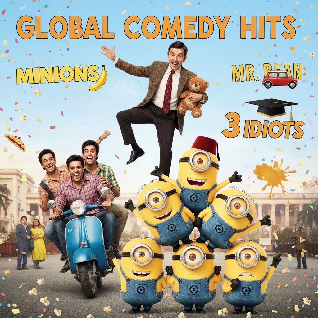 Collage of movie scenes from three global comedy hits, different cultures