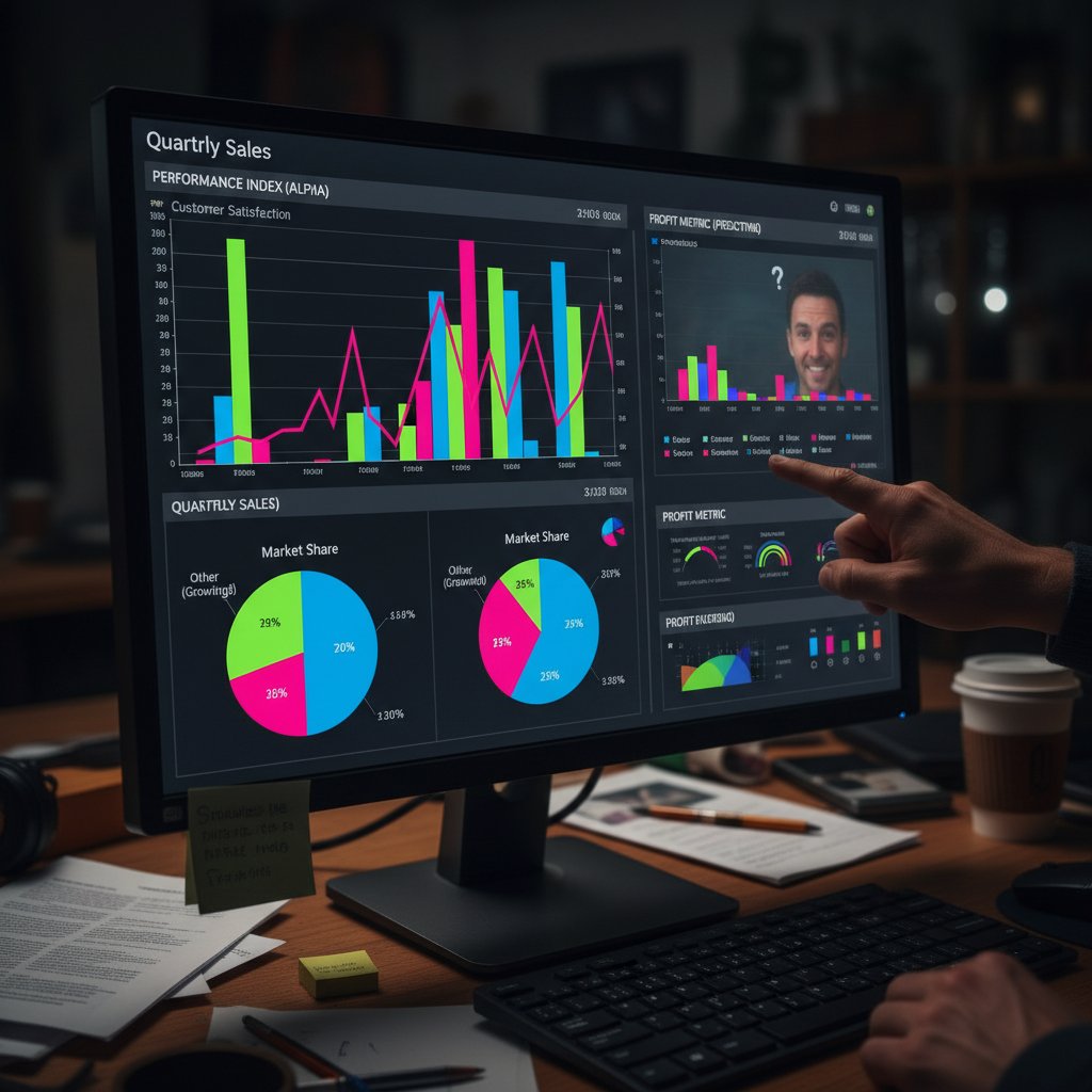 Misleading data dashboard with confusing visuals, dashboard delusion, tips for interpreting complex data