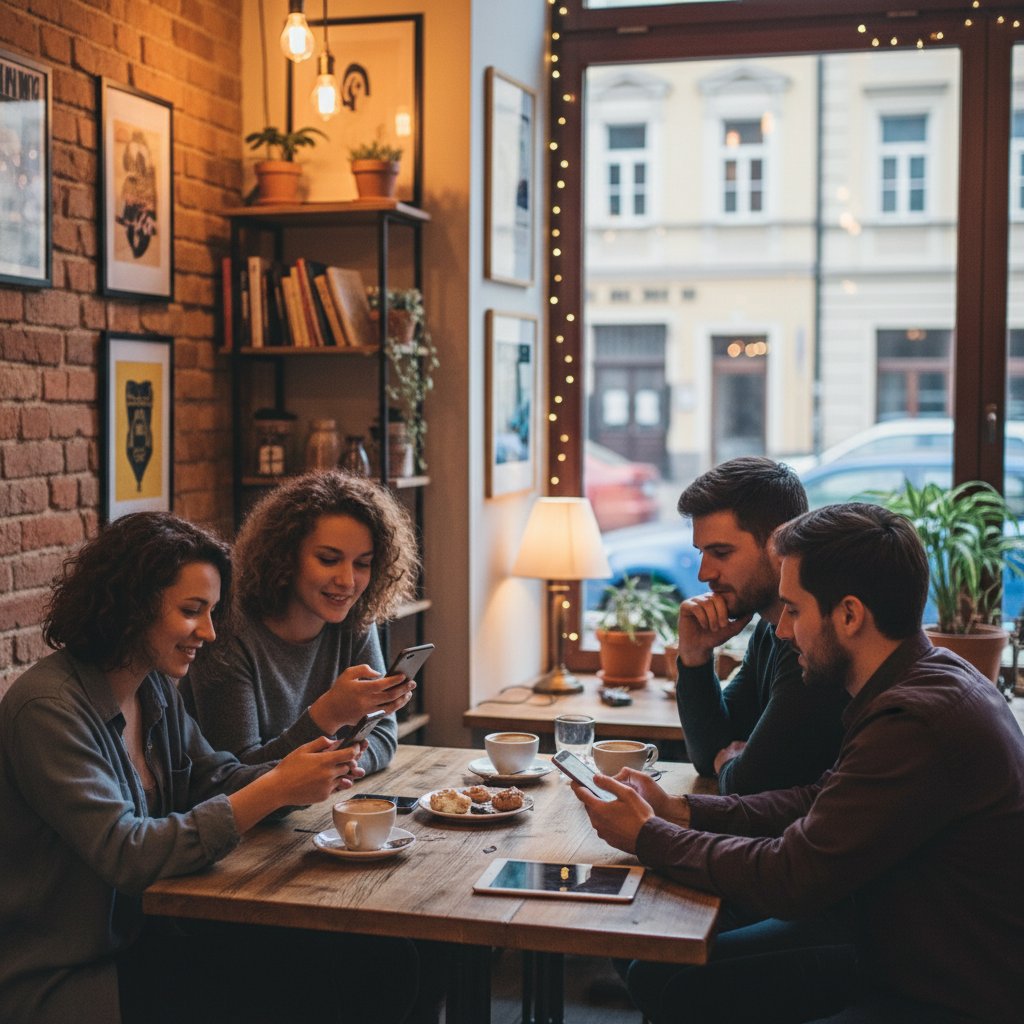 Grupa przyjaciół planuje wspólne wyjście na wydarzenie przez Facebooka w przytulnej polskiej kawiarni