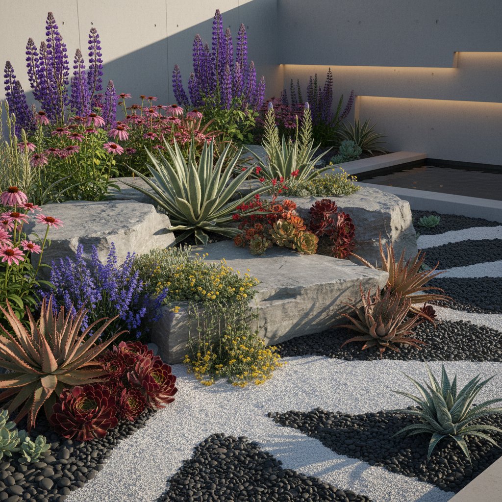 Mieszanka bylin i sukulentów w nowoczesnym skalniaku