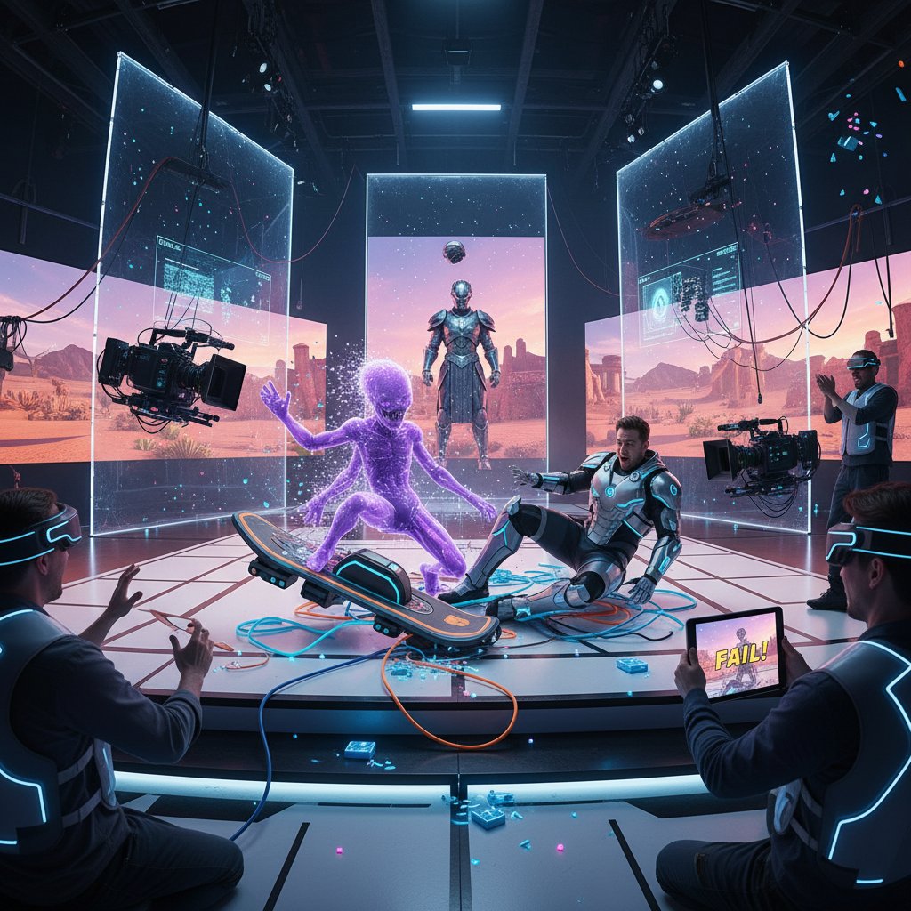 Mixed reality film set blooper, futuristic movie set blending real and virtual actors