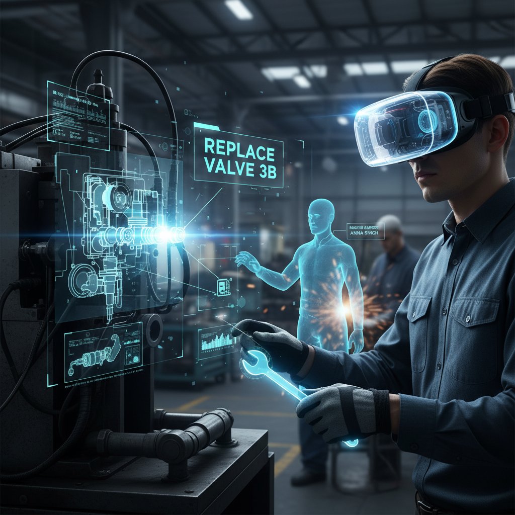 Mixed-reality headset user receiving remote support, digital overlays showing collaboration tools