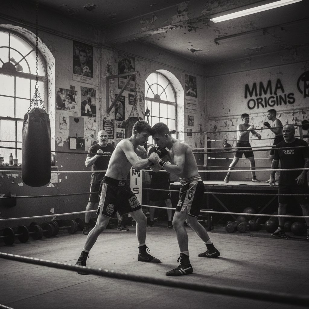 Historia MMA w Polsce: stary gym i młodzi zawodnicy w trakcie treningu