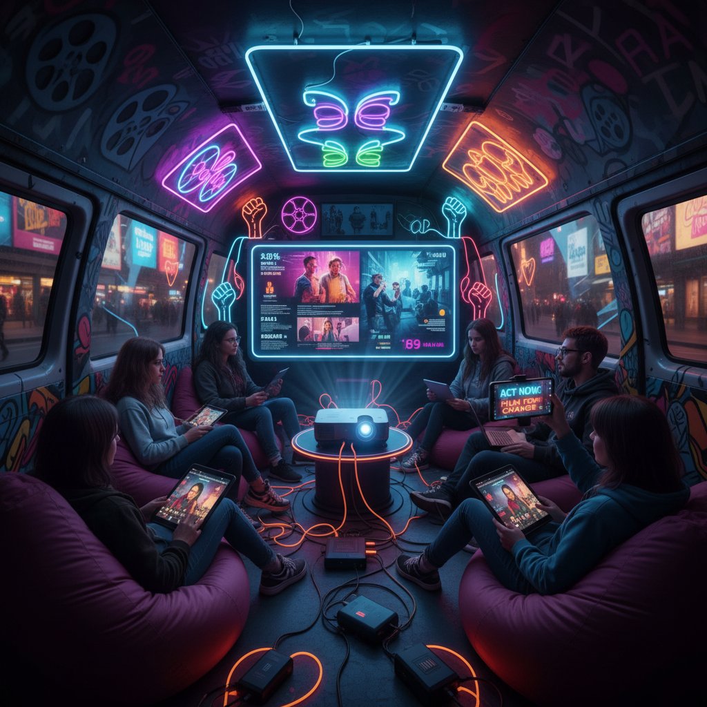 Mobile-first photo of activists live-streaming a film discussion, neon-lit room, activism movies