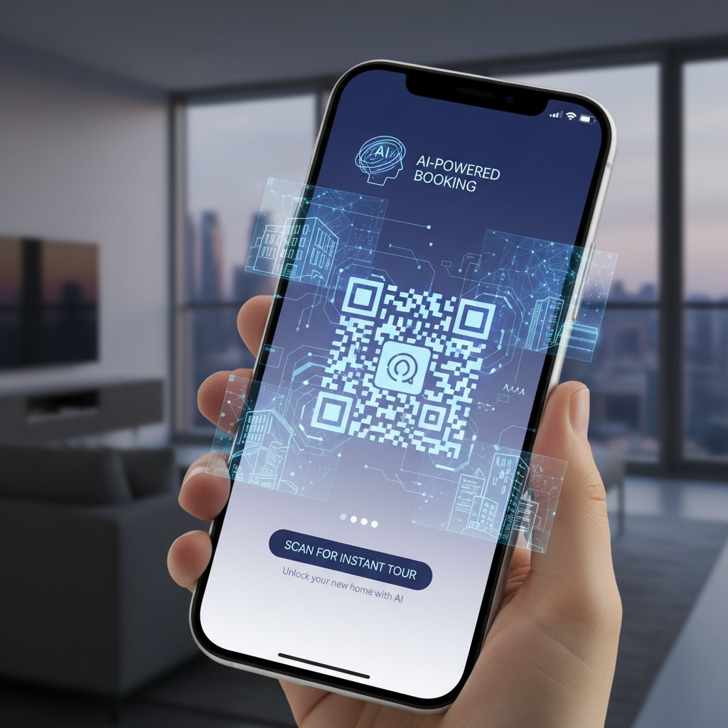Nowoczesna aplikacja mobilna do rezerwacji apartamentów, wizualizacja kodu QR, elementy AI