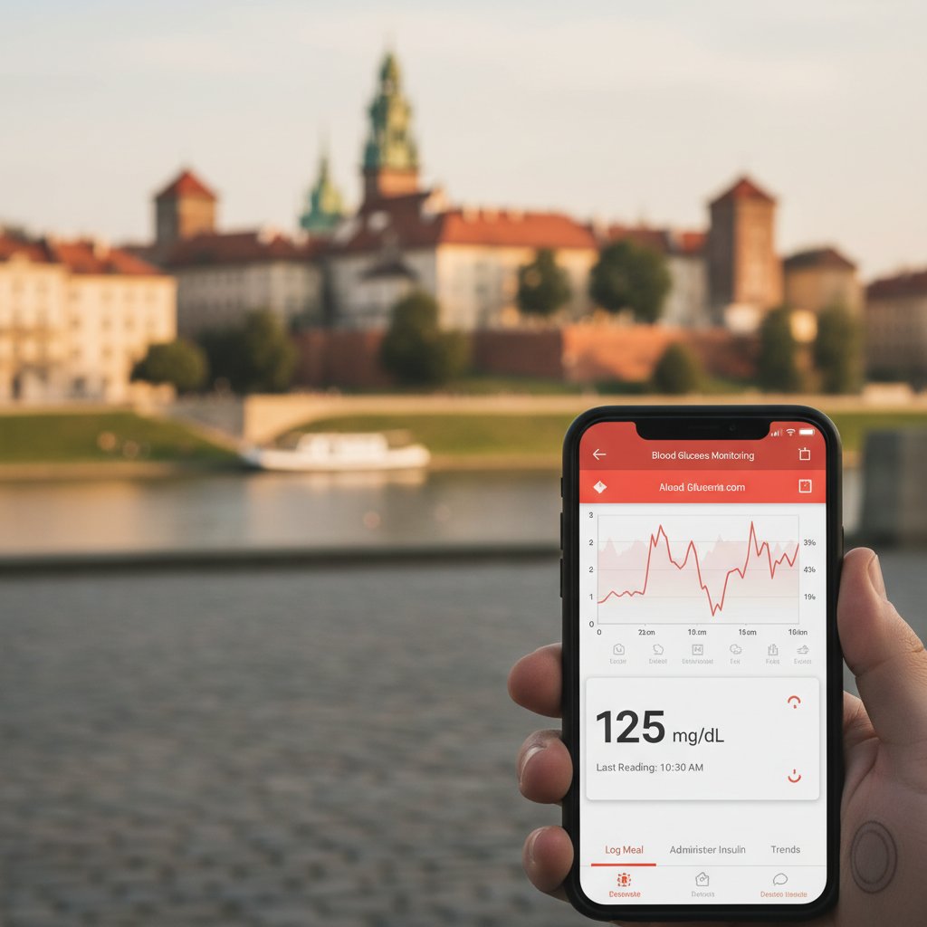 Zbliżenie na aplikację mobilną do monitorowania glikemii, w tle polska panorama miasta – symbol cyfrowej rewolucji