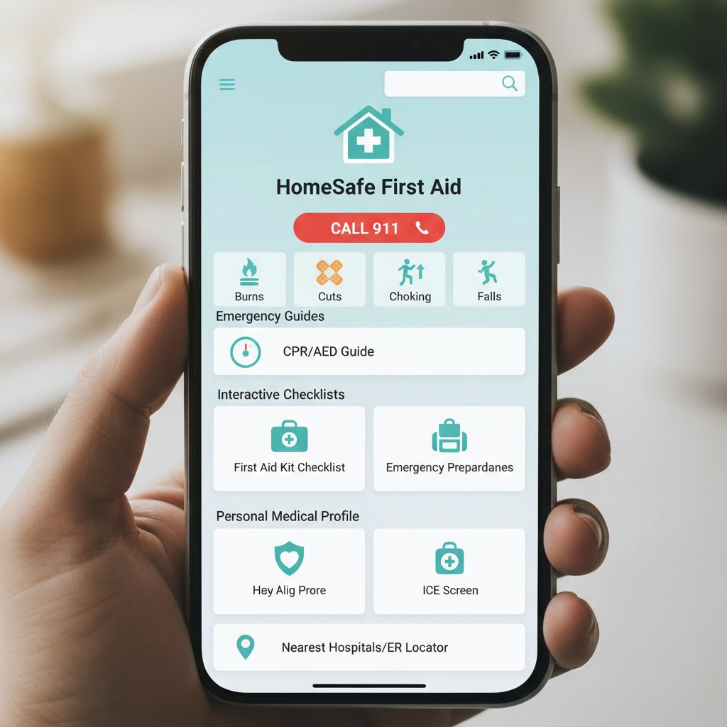 Osoba z telefonem wykonująca instrukcje pierwszej pomocy z aplikacji mobilnej w realnej sytuacji domowej