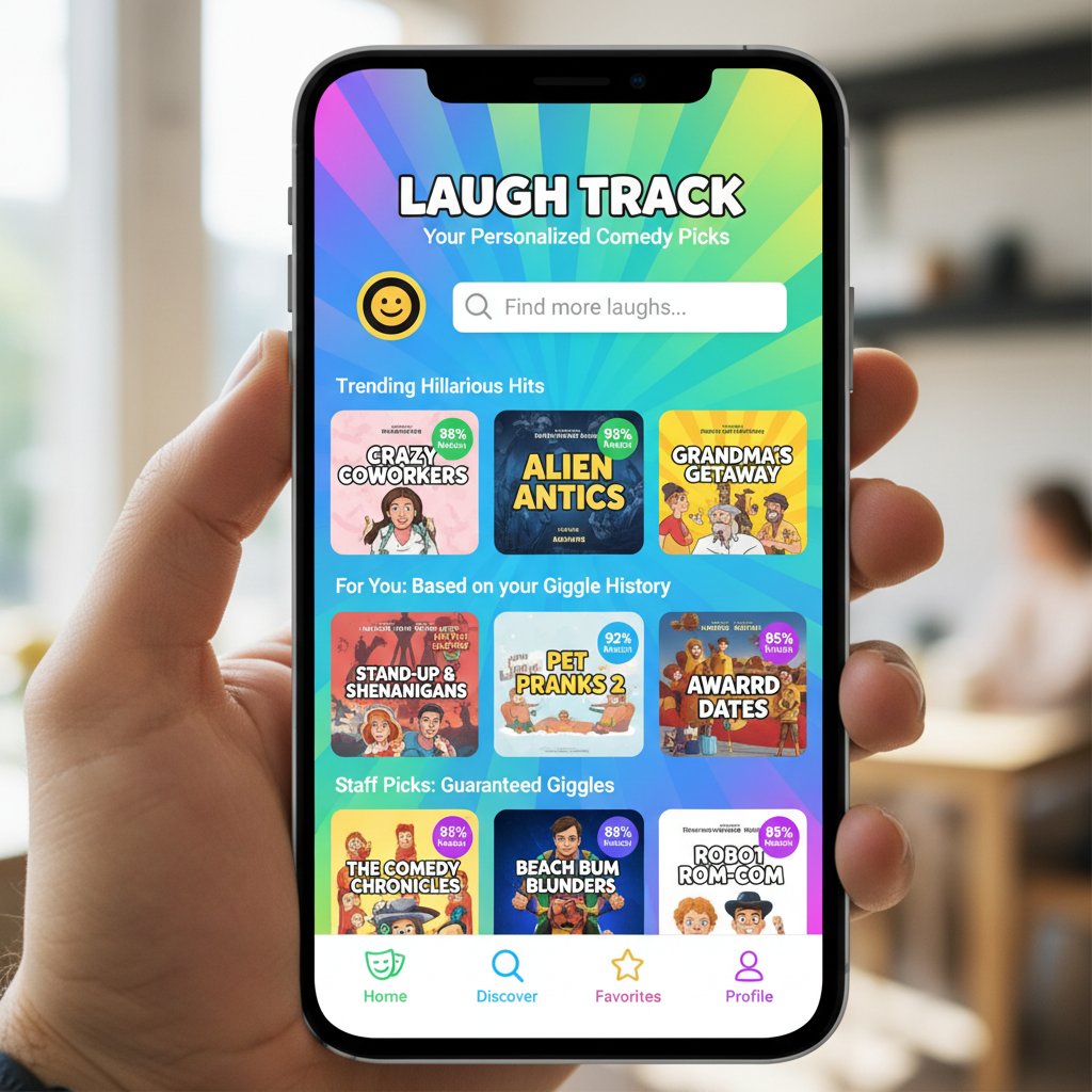 A smartphone displaying a personalized comedy movie recommendation feed. Mobile app, comedy recommendations, sleek UI, vibrant colors