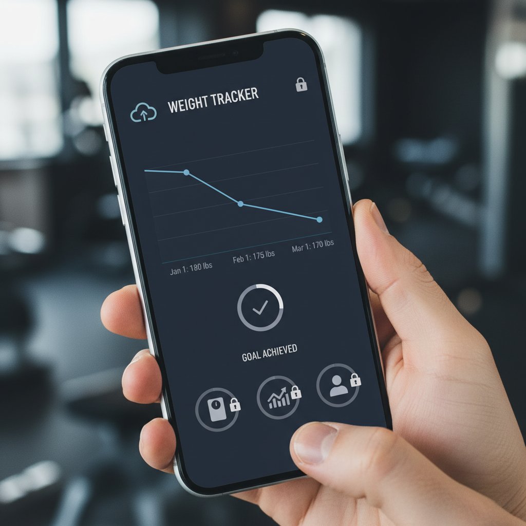 Kolaż: aplikacja mobilna, dane o wadze, symbol chmury i kłódki