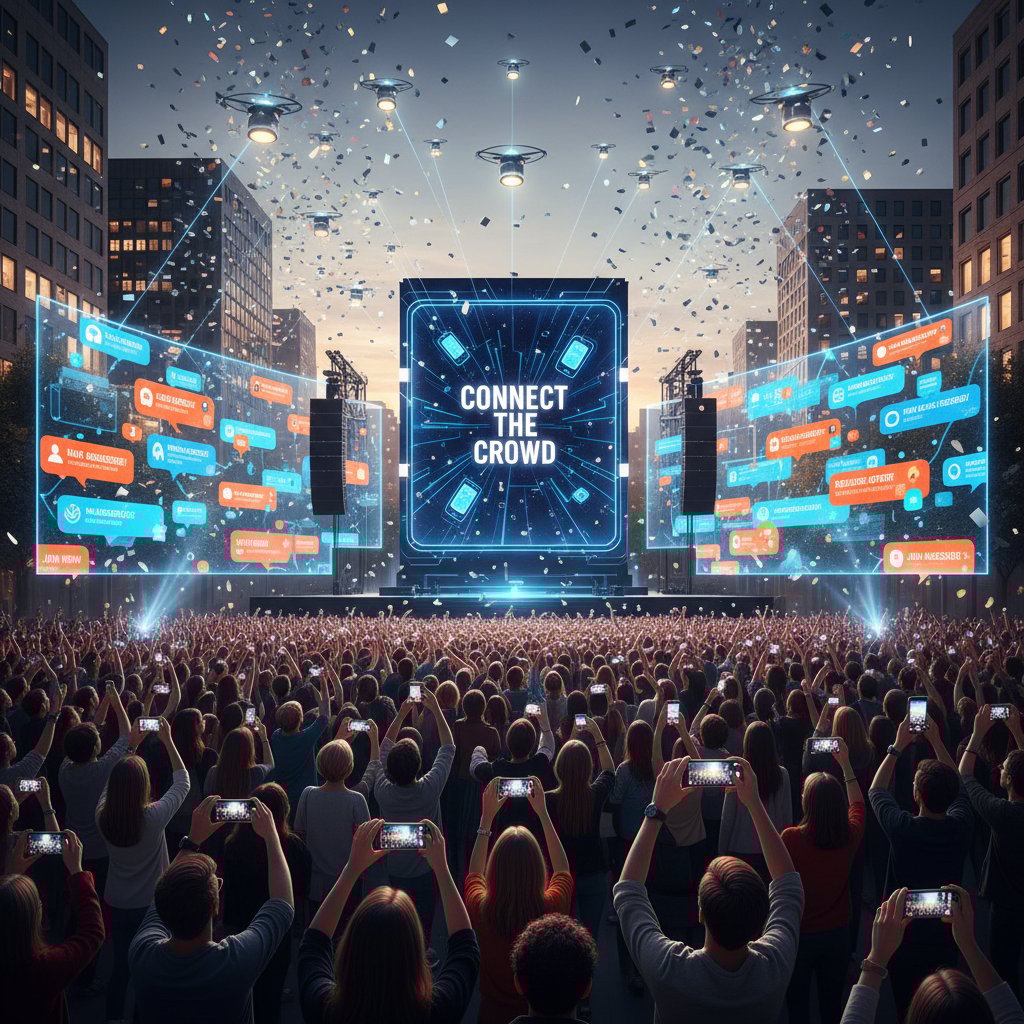 Wydarzenie premierowe udanej kampanii mobilnej, z tłumem i ekranami wyświetlającymi powiadomienia