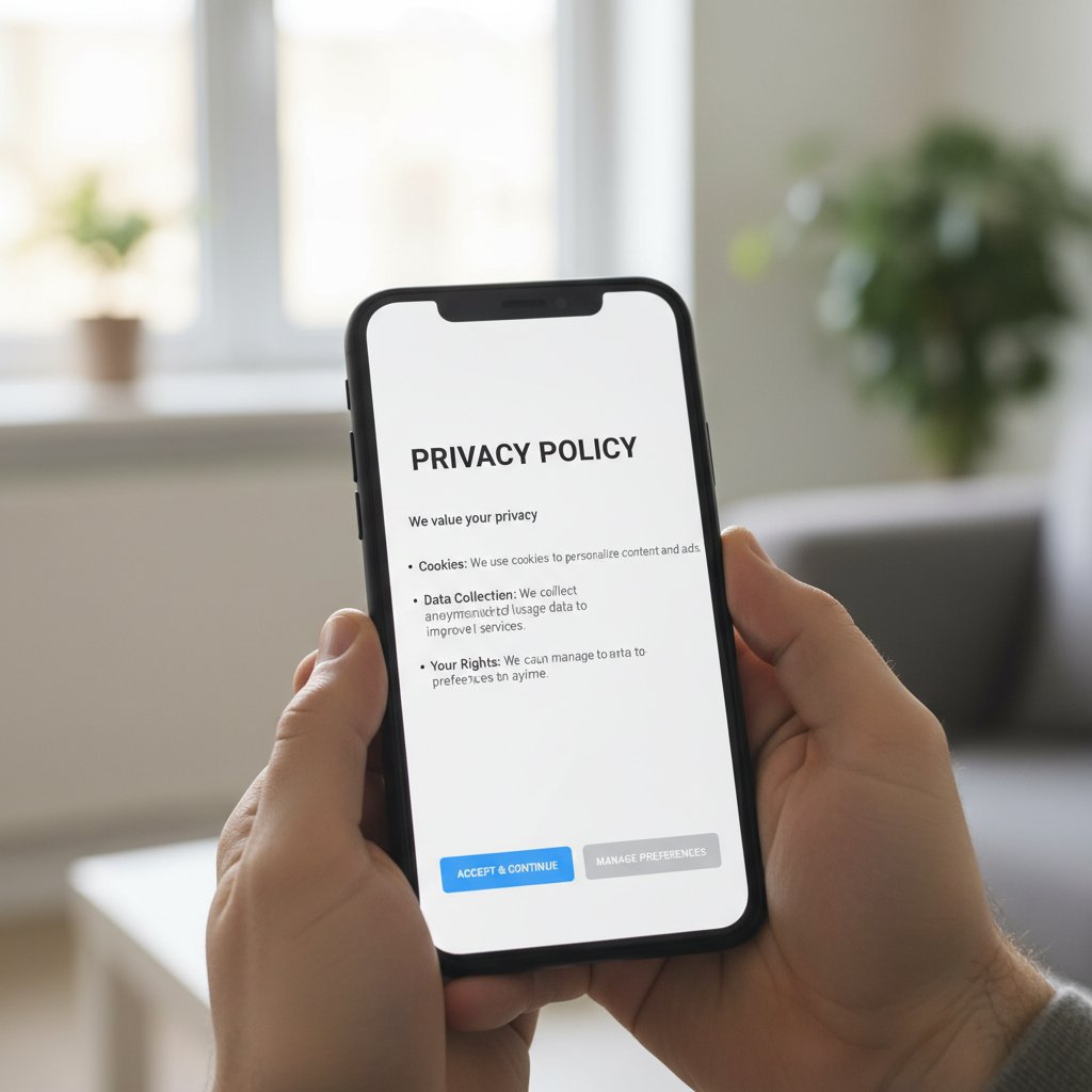 Urządzenie mobilne z wyświetloną zgodą na cookies i politykę prywatności, podkreślające zakres danych