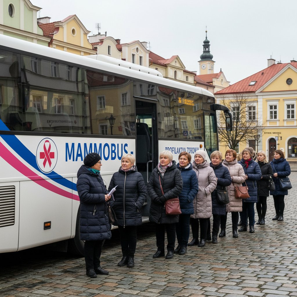 Mobilny mammobus w małym polskim miasteczku, kobiety czekające w kolejce na badanie