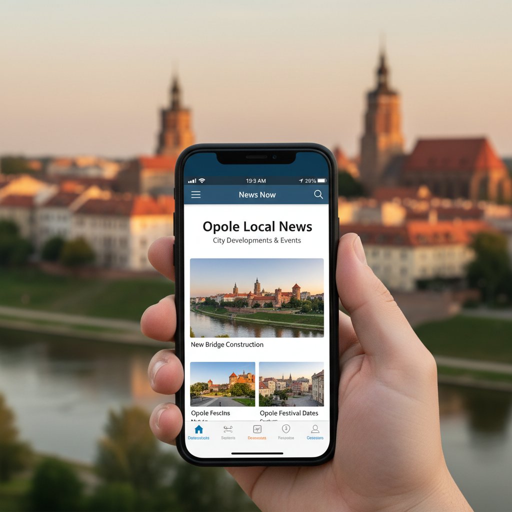 Mieszkaniec Opola korzystający z aplikacji mobilnej do śledzenia wiadomości lokalnych, ekran telefonu, tło miejskie