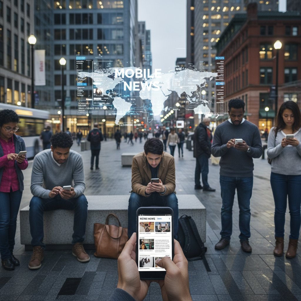 Mobile-first news consumption trends, people in urban setting scrolling news on smartphones, city background, dynamic lighting