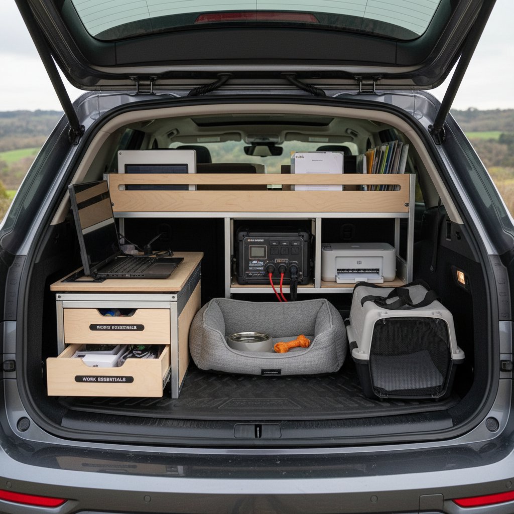 Photo of car trunk converted into a mobile office and pet area, showcasing unconventional uses of car cargo space