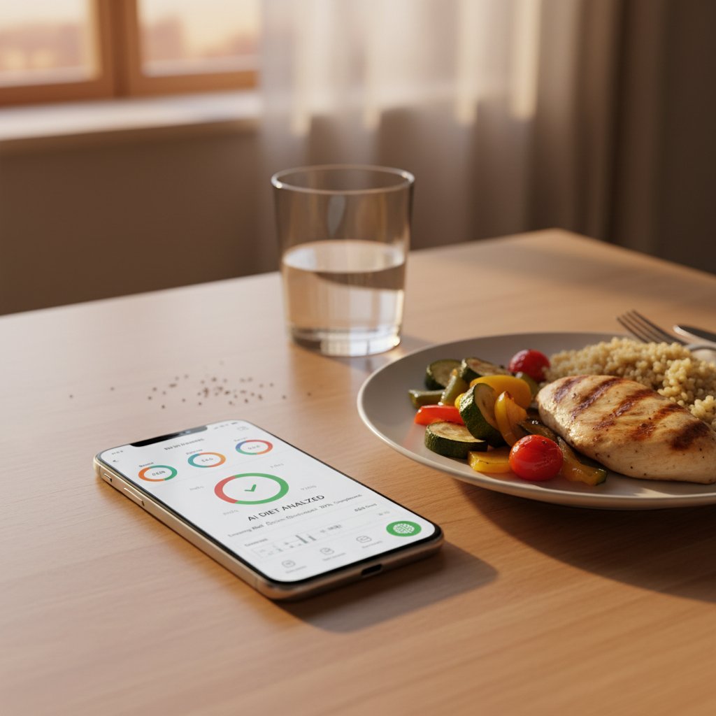 Telefon komórkowy z wizualizacją AI analizującą plan diety, nowoczesny stół, wieczorne światło