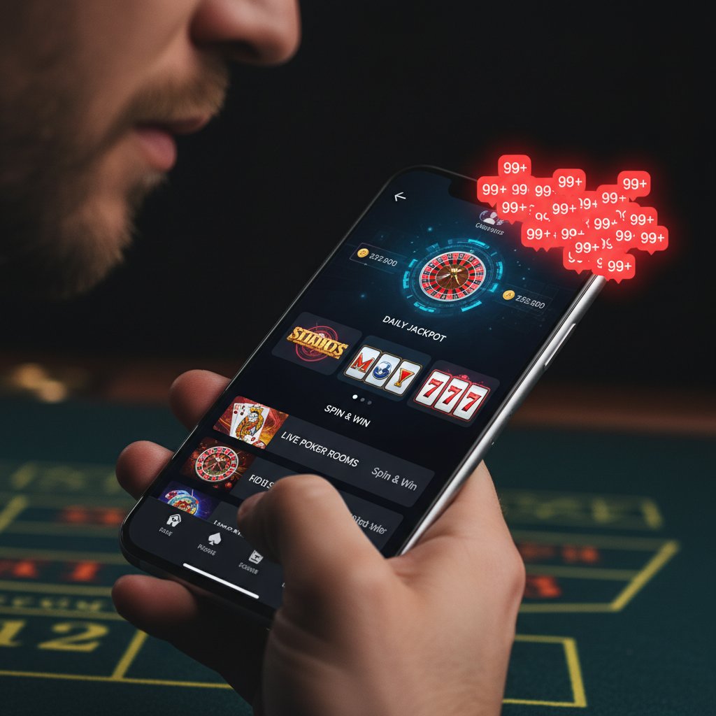 Ekran telefonu z aplikacją hazardową, czerwone powiadomienia – hazard online, szybka gra