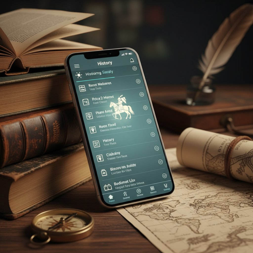 Telefon komórkowy z aplikacją do rozmów historycznych na tle książek i starych map