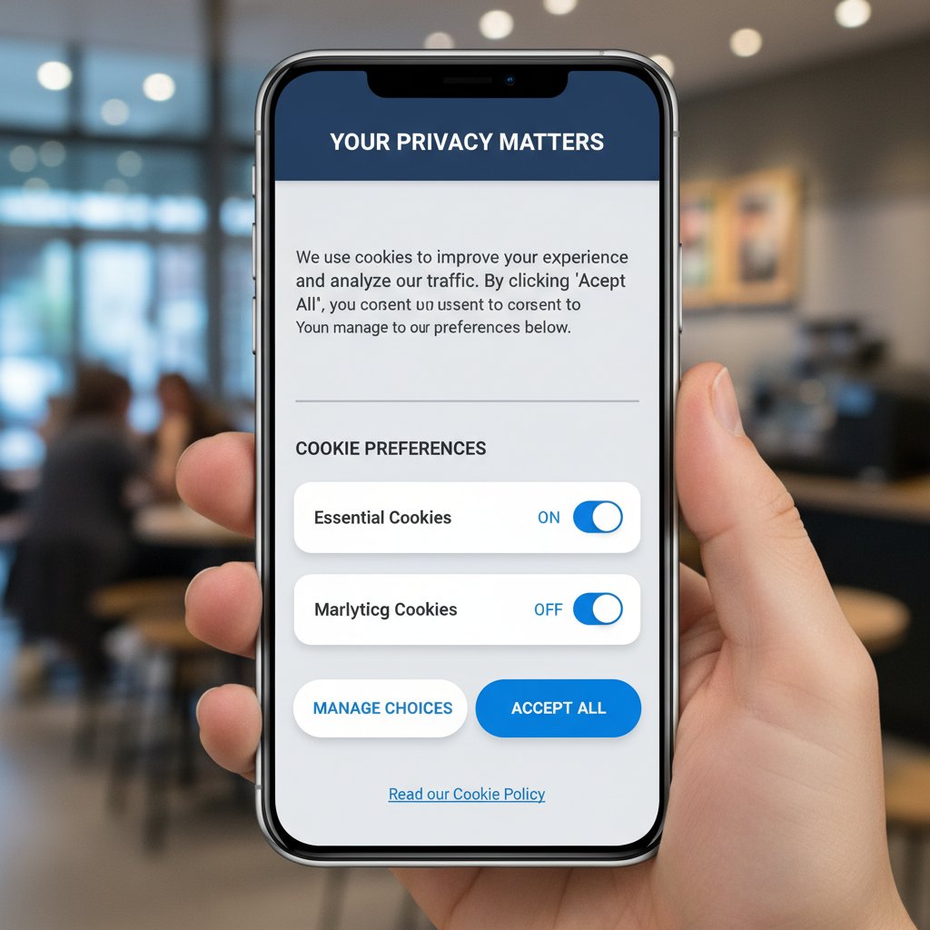 Widok ekranu mobilnego z czytelnym banerem cookies i opcją zarządzania zgodami