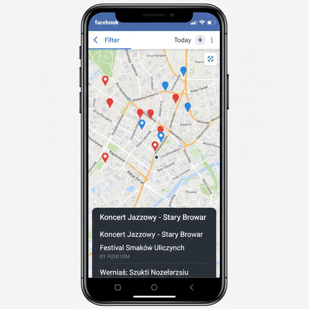 Wyszukiwanie wydarzeń według ulicy na Facebooku w polskiej dzielnicy, widoczne nazwy ulic i elementy interfejsu aplikacji mobilnej