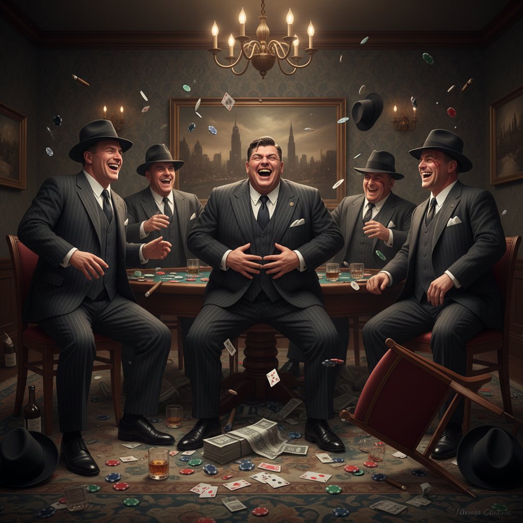 Mobster laughing at chaos during high-stakes poker game