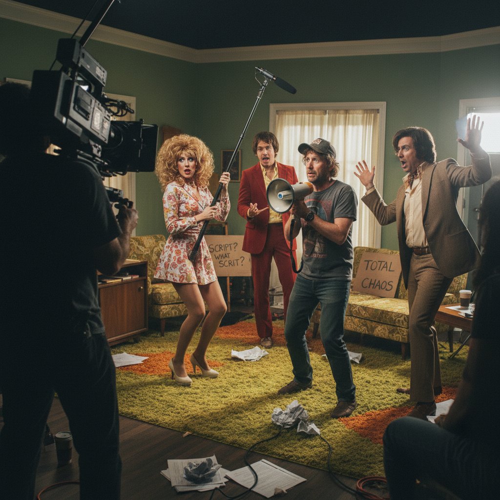 Chaos and creativity behind the scenes of a mockumentary as a director yells 'cut' and actors improvise