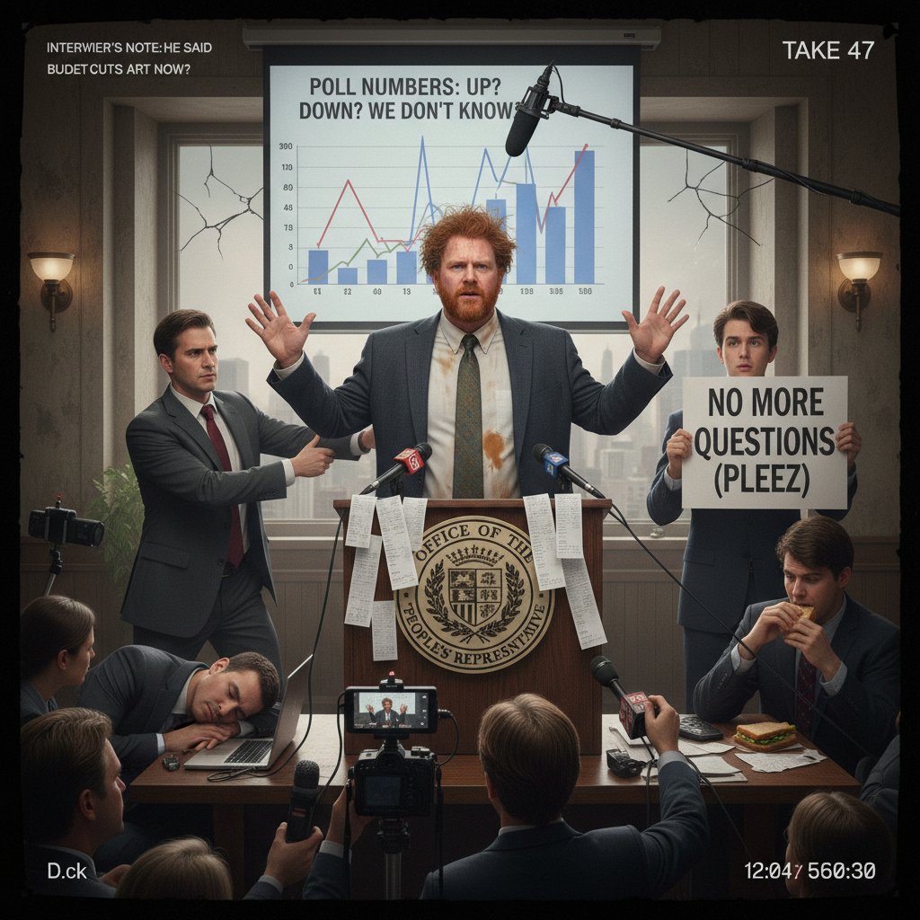 Mockumentary skewering political culture with a fake politician at a press conference