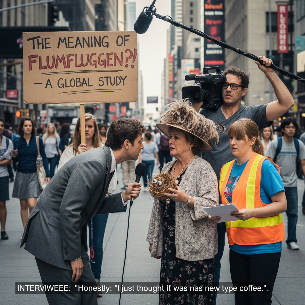 Mockumentary blurring fiction and reality in public with actors interviewing unsuspecting people on the street