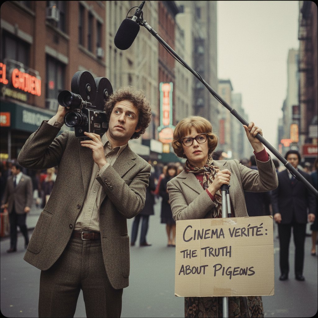 Early mockumentary pioneers at work with vintage cameras in a gritty urban setting, capturing the raw spirit of the genre