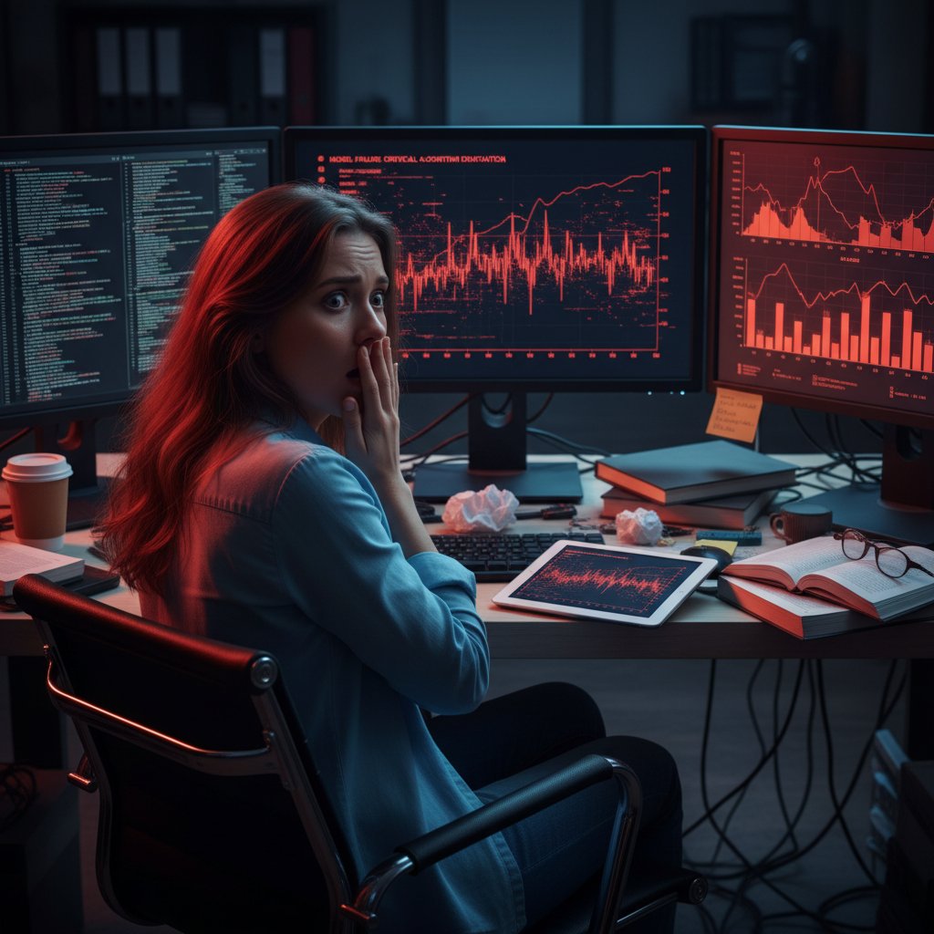Błąd w modelu, analityk patrzący na ekran z alarmującymi danymi