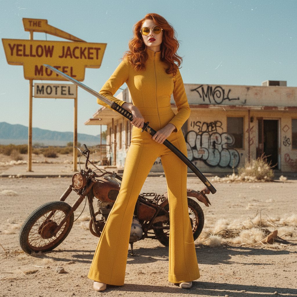 Model in yellow jumpsuit with samurai sword, referencing Tarantino film fashion