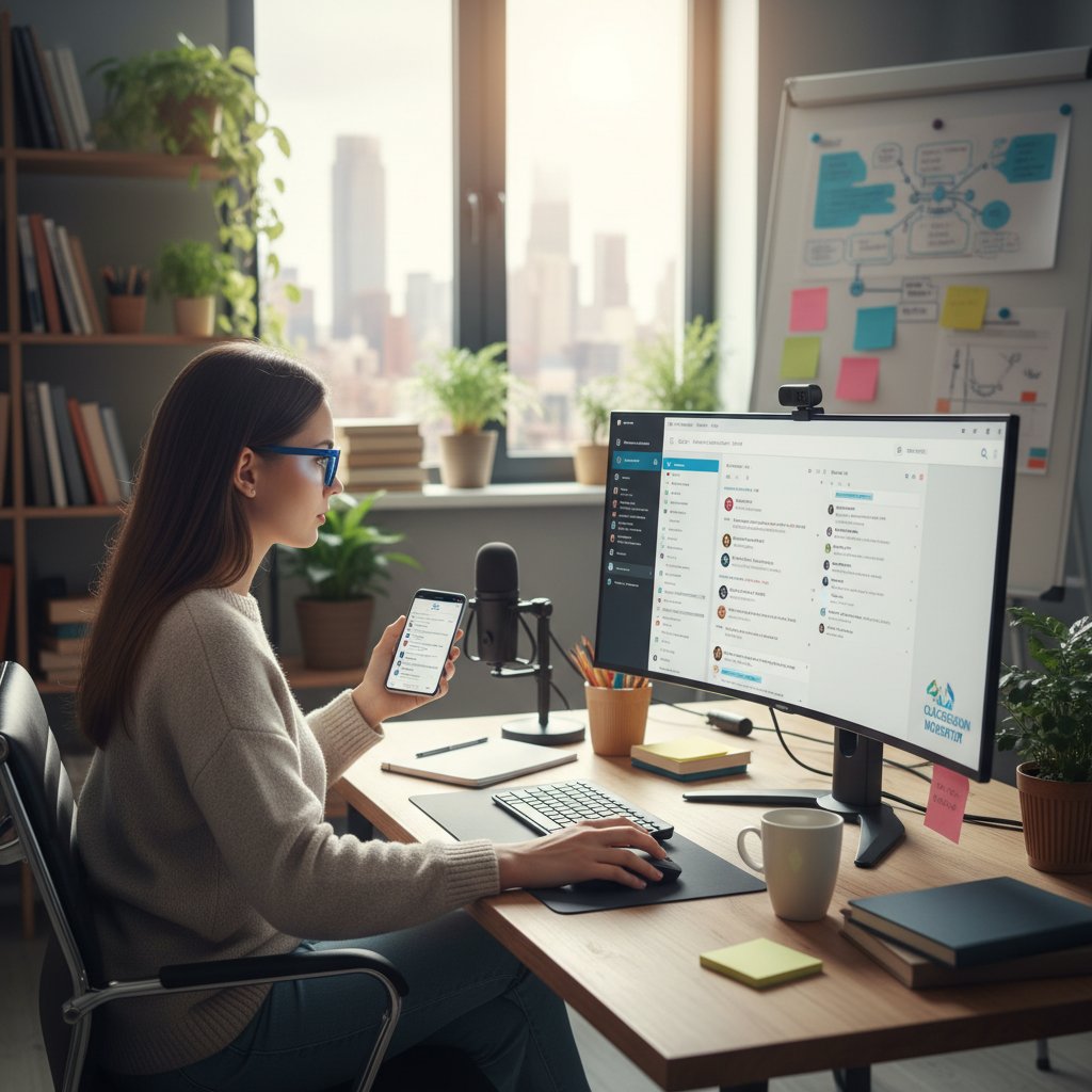 Moderator sprawdza wiadomości na platformie edukacyjnej, profesjonalne biuro